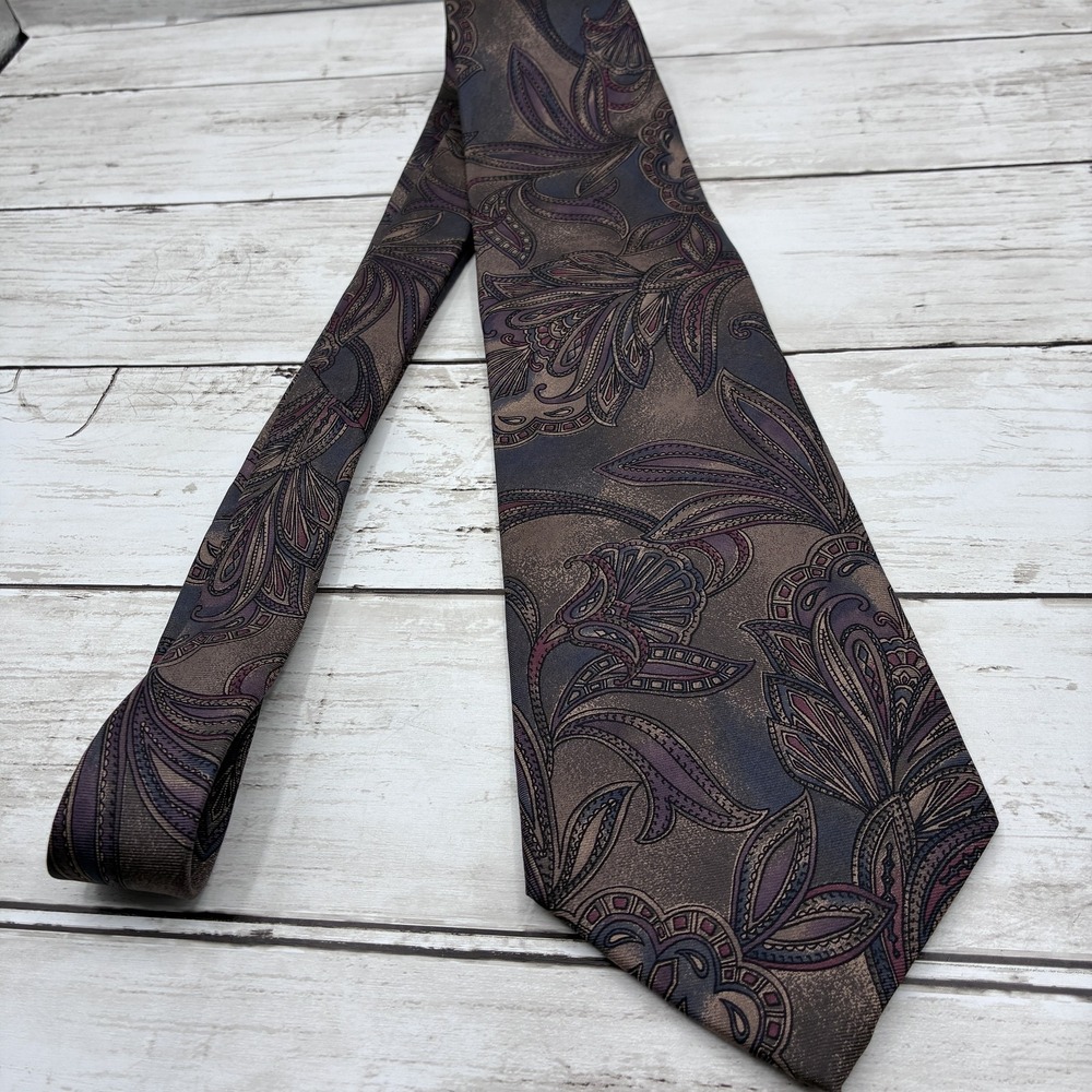Cambridge Classics Men's Silk Paisley Floral Necktie Brown Purple Gray Bronze